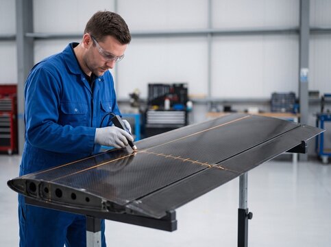 Aerospace technician in blue jumpsuit inspecting carbon fiber aircraft wing with projected laser alignment lines in manufacturing hangar