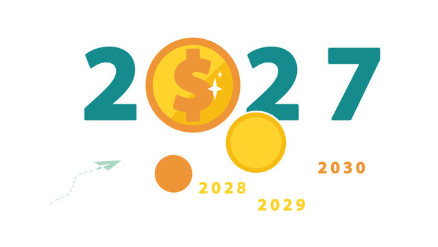 2026. Happy New Year. Golden penny with New Year's numbers 2026. Business finance, presentation. Profit, growth of silver coins. Investments in money management, income development.Vector illustration