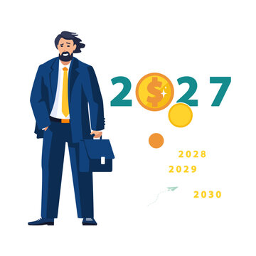 Business expert businessman analyzes financial market growth, dollars gold cents for new year 2027. Happy new year 2027, calendar, background, people, happy holiday, economy, design, vector illustrati