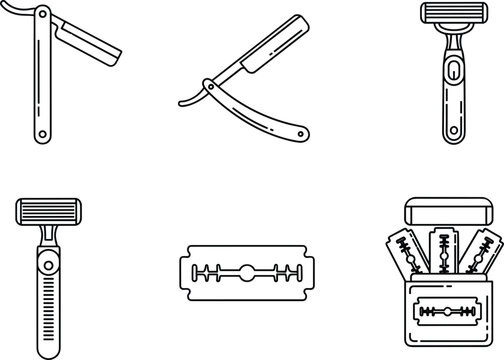 Barber Shaving Razor Icon Set Featuring Straight Razors Disposable Shavers Steel Razor Blades and Sharp Blade Dispenser Pack Vector Line Art