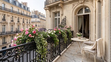 Fototapeta premium Elegant luxury Parisian balcony with ornate wrought iron railing, overflowing flower boxes filled with pink climbing roses, lavender, white geraniums and trailing ivy, cream-colored outdoor furniture