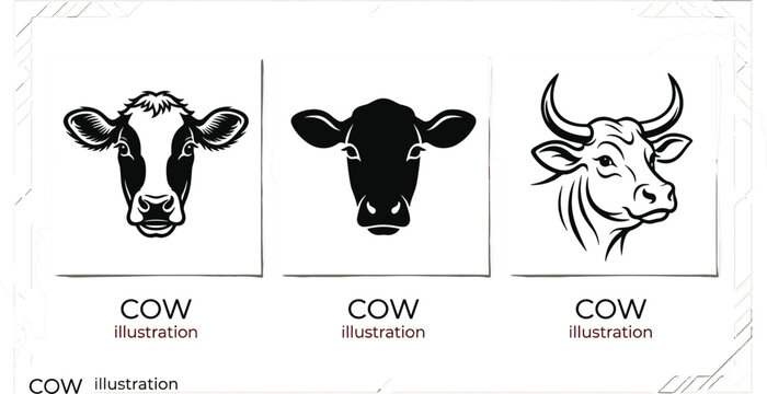 Dairy Cow Head Logo Set Featuring Holstein Patterned Face Solid Silhouette and Horned Steer Portrait Vector Graphics for Agricultural Branding