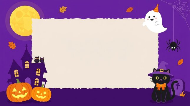 Festive halloween frame featuring cute ghosts pumpkins and spooky elements on a vibrant purple background