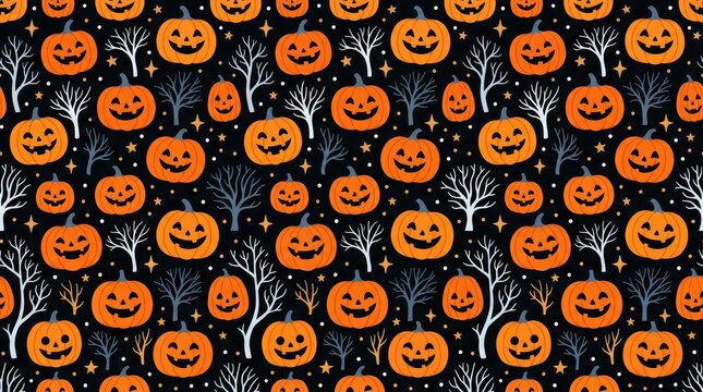 Festive halloween pattern featuring smiling carved jack o lanterns with bare winter trees on black background