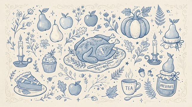 A detailed hand drawn sketch featuring a thanksgiving turkey cartoon surrounded by festive autumn harvest elements like pumpkins corn and seasonal foliage for holiday celebration