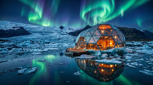 Futuristic glass dome cabin under aurora borealis, glowing geodesic igloo on arctic ice lagoon, northern lights over winter landscape