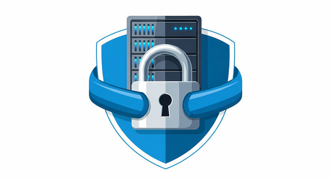 Secure Server Data Storage and Protection Illustration with Blue Shield and Lock Icon for Cybersecurity
