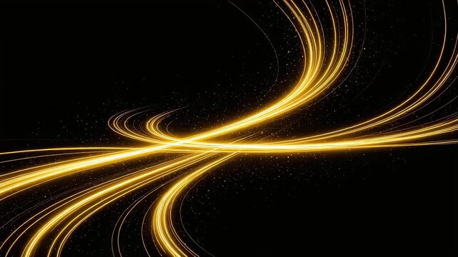 A CG video of a streamlined trail drawn with sparkling gold rays of light against a black background.