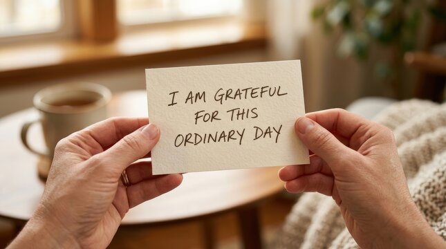 Hands holding white paper card with handwritten message of gratitude in a warm cozy home setting
