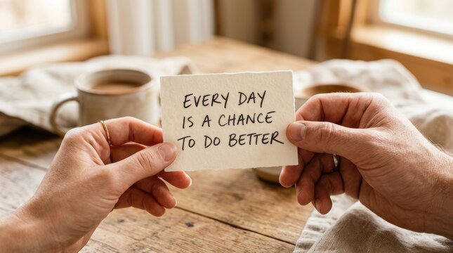 Hands holding a white paper card featuring handwritten motivational quote about improvement on wooden table background