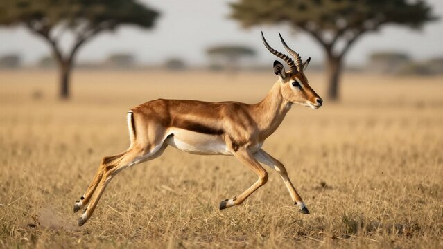 A graceful springbok leaps across golden savanna grass under warm sunlight, framed by scattered acacia trees in the distance.