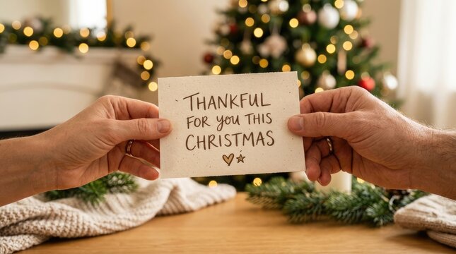Close up hands holding a paper note with heartfelt christmas greetings inside a warm home