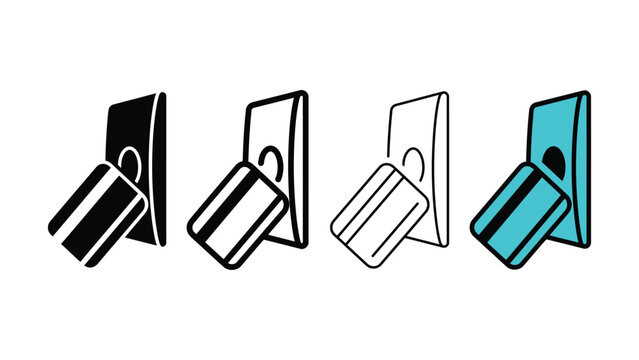 Four variations of credit card insertion into a reader outline illustration with black fill and blue accent