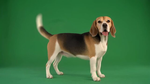 Beagle dog standing and wagging tail attentive small breed pausing happily in natural outdoor environment showcasing loyal presence and charming animal posture