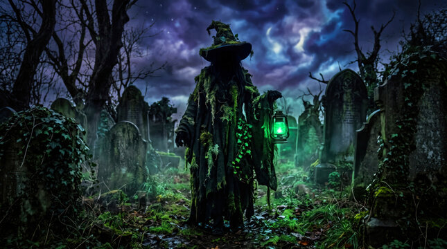 A mysterious witch standing in a dark spooky graveyard under a stormy purple night sky with glowing green light