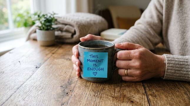 Woman holding warm ceramic mug with inspirational blue sticky note message on wooden table surface