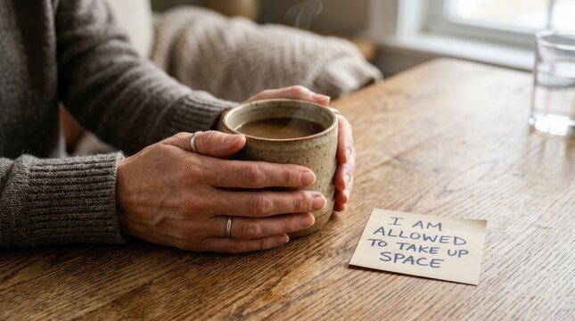 Warm hands holding a steaming ceramic coffee mug beside an inspiring handwritten affirmation note on wood