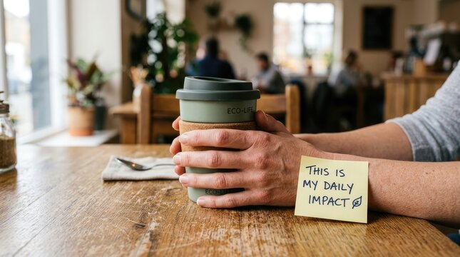 Person holding reusable coffee cup with handwritten note about environmental impact at rustic wooden cafe table