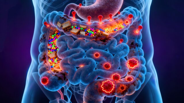 Semi-transparent human abdomen showing processed food particles and preservative residues in the colon with multiple red glowing polyps and cancer foci along the intestinal wall