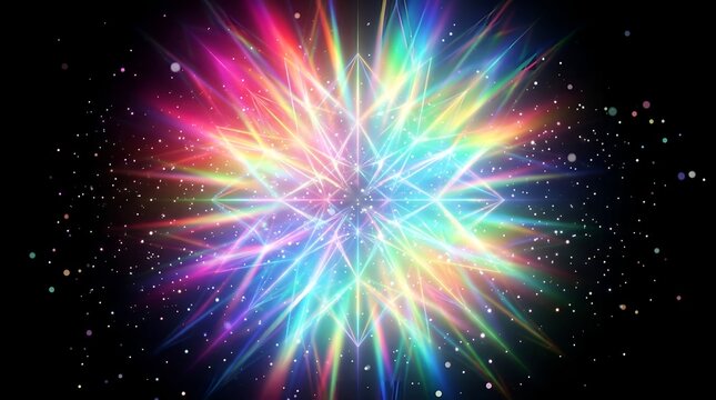 Rainbow holographic overlay with a diffracted light burst pattern glowing on a black background with luminous prism light