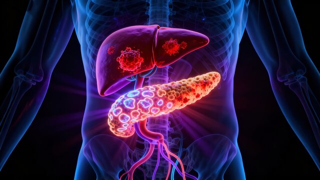 Diabetic metabolic dysfunction leading to simultaneous red glowing cancerous lesions in liver and pancreas inside semi-transparent human body
