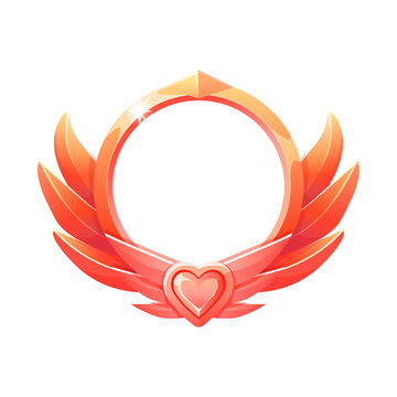 Pink and red game badge frame with wings and heart isolated on transparent background