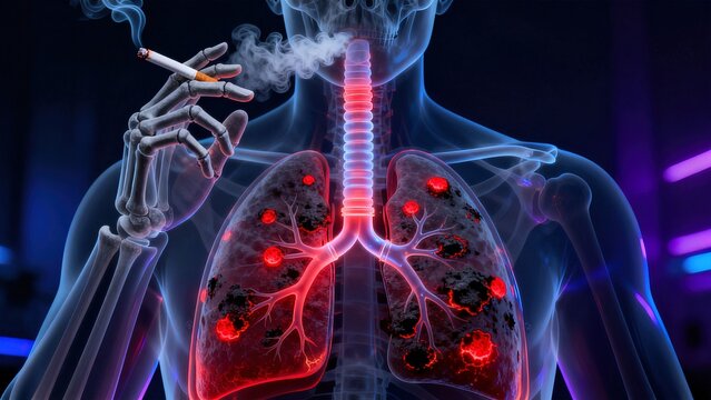 Semi-transparent human body showing the devastating effects of smoking on lungs with gray toxic smoke trails flowing through trachea and red glowing cancer lesions in lung tissue