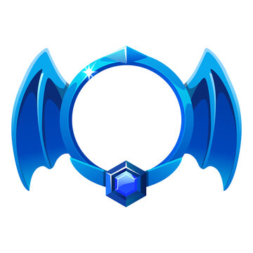 Blue game badge frame with bat wings and gem isolated on transparent background
