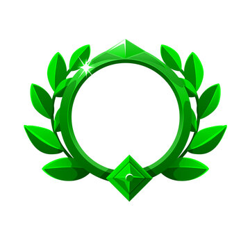 Deep green game badge frame with laurel wreath and emerald isolated on transparent background