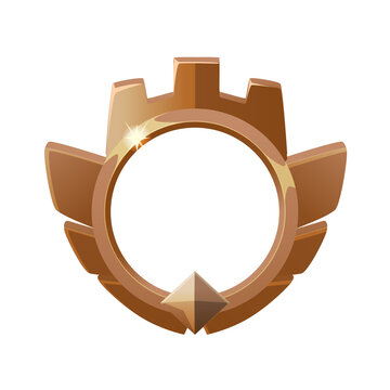 Bronze mechanical game badge frame with gear elements isolated on transparent background