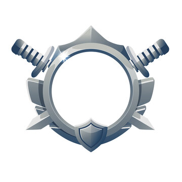 Silver steel game badge frame with crossed swords and shield isolated on transparent background