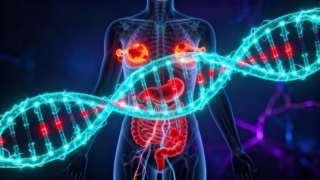 Semi-transparent human body with glowing DNA double helix showing gene mutations linked to hereditary cancer risks in breast ovary and colon organs with red warning signals