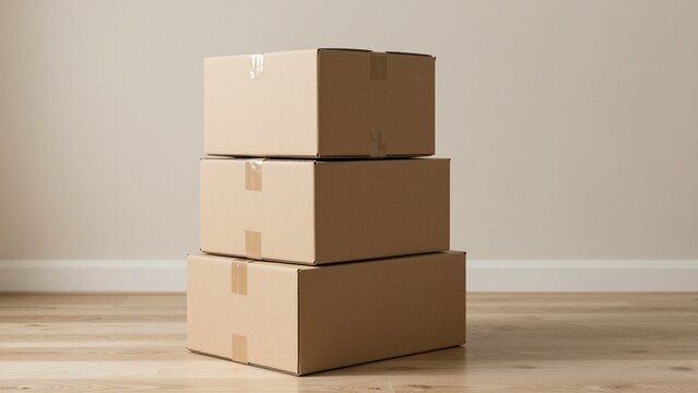 Three sealed cardboard boxes stacked on wooden floor against plain wall, suggesting relocation or storage.