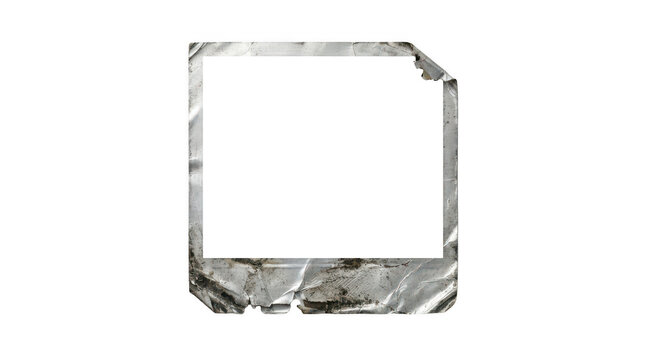 Distressed metallic square photo frame isolated on transparent background