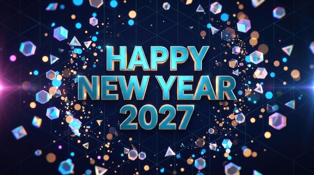 Happy new year 2027 banner featuring vibrant blue text with floating 3d geometric crystal shapes background