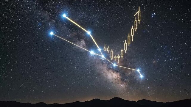 Bullish trading chart rising in the night sky with Taurus constellation motion graphics footage.