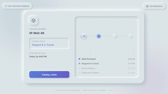 Real-time package tracking dashboard animation showing shipment progress from pending pickup to successful delivery with status updates and estimated delivery time