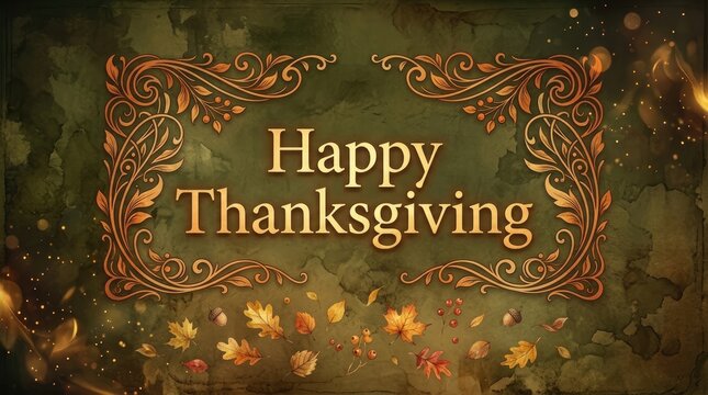 Happy Thanksgiving greeting card featuring elegant golden scrollwork ornaments set against textured dark green parchment paper