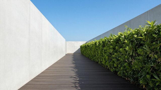 A sleek modern walkway with wooden planks and concrete walls flanked by lush green hedges under a bright blue sky.