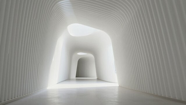A futuristic parametric architectural corridor with flowing curved white panels and soft natural light filtering through skylights.