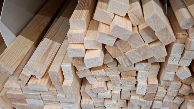 Large stack of light wooden boards in a lumber store, construction supplies, carpentry, woodworking, manufacturing, and building materials.