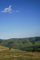 Fototapeta premium Wide View of Green Rolling Mountains Under Clear Blue Sky