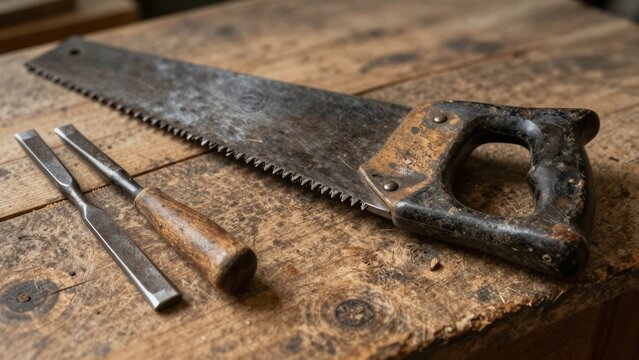 A close-up of a hand saw and chisels resting on a weathered wooden surface, showcasing craftsmanship and tradition in woodwork.