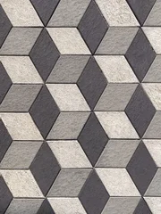 Fototapete 3D Abstract geometric cube pattern in monochrome gray tones, creating a modern three-dimensional optical illusion and decorative architectural background.  © Coompia77