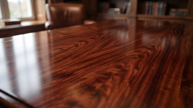 Richly polished dark wood table surface with intricate grain patterns and reflections, in a classic study.