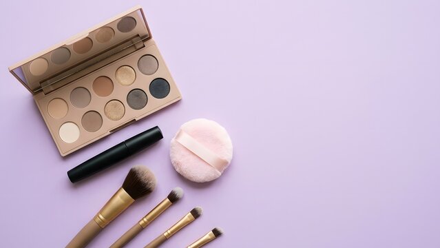 Flat lay of neutral eyeshadow palette, mascara, powder puff and makeup brushes on a pastel purple background