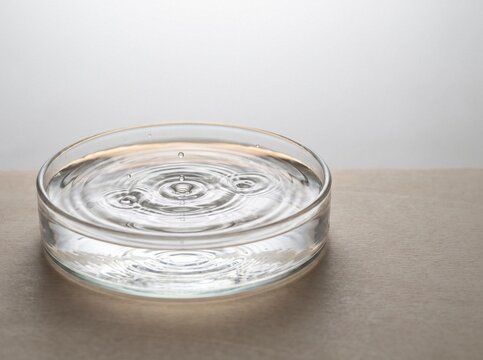 Water vibrating in a glass petri dish with concentric ripple waves and tiny droplets on a wooden surface.