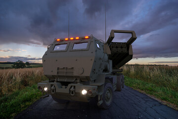 Naklejka premium HIMARS rocket launchers on combat duty.3D rendering.