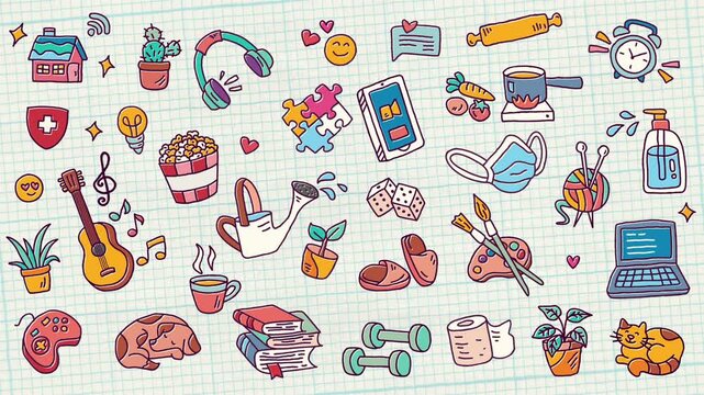 Seamless lifestyle and hobby doodle icon pattern on grid paper