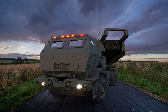 HIMARS rocket launchers on combat duty.3D rendering.